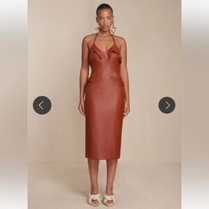 cult gaia zahora brown faux leather halter style sculptural bust detail dress 10